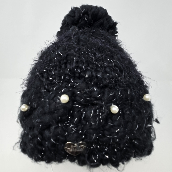 BETSEY JOHNSON SPARKLE WINTER LOT INFINITY SCARF POM POM BEANIE HAT BLACK WOMEN - Picture 8 of 13